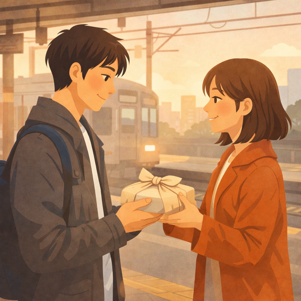駅のホームで包まれたお弁当を手渡して見送るカップルのイラスト（文字なし）