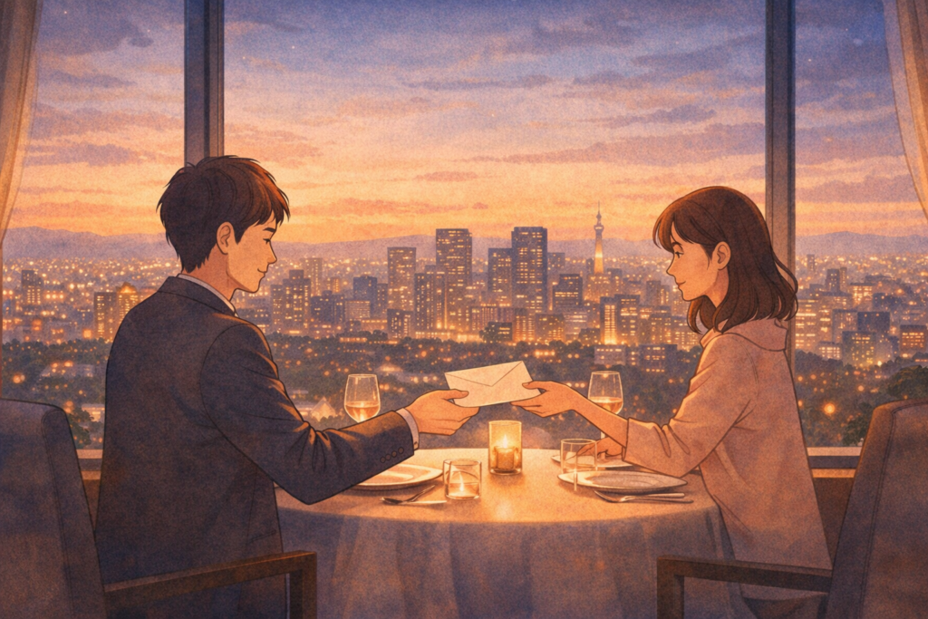 オルト（alt）：高層階のレストランで、窓の外の街並みを眺めながら手紙の入った封筒を渡す二人のイラスト