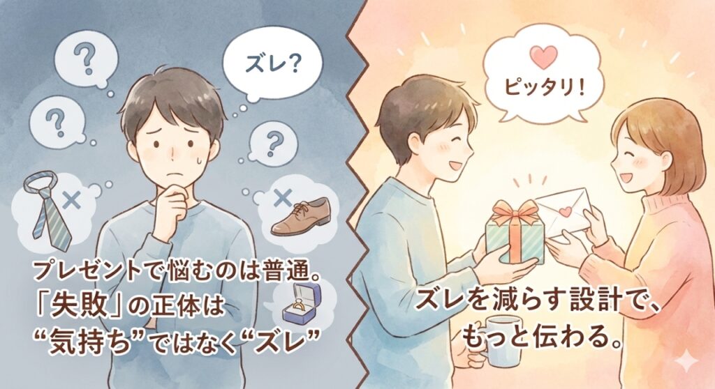 左右に分割されたイラスト。左側は青暗い背景で、男性が腕組みをして悩み、頭上に「?」や「ズレ?」のフキダシがあり、バツ印がついたネクタイ、靴、指輪の絵が浮かんでいる。画像内のテキストは「プレゼントで悩むのは普通。「失敗」の正体は“気持ち”ではなく“ズレ”」。