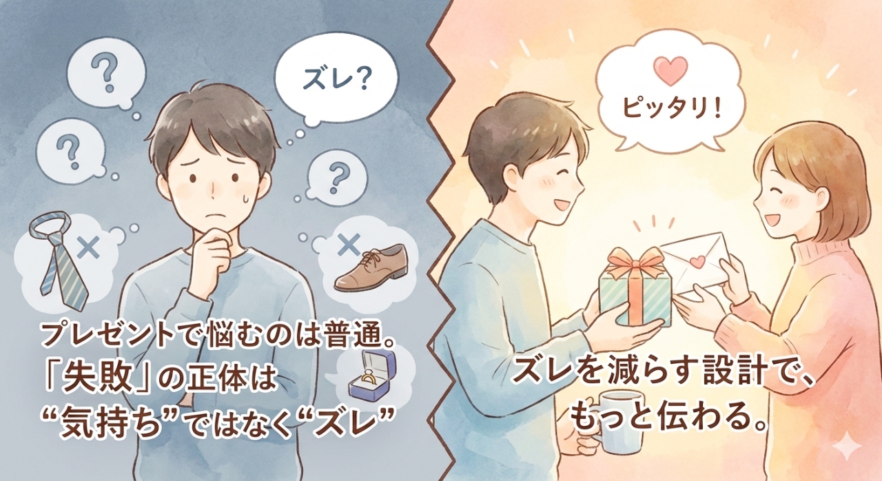 左右に分割されたイラスト。左側は青暗い背景で、男性が腕組みをして悩み、頭上に「？」や「ズレ？」のフキダシがあり、バツ印がついたネクタイ、靴、指輪の絵が浮かんでいる。画像内のテキストは「プレゼントで悩むのは普通。「失敗」の正体は“気持ち”ではなく“ズレ”」。
