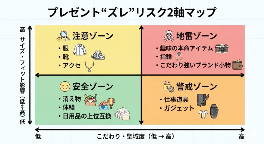 プレゼント選びの失敗リスクを「サイズ・フィット影響」と「こだわり・聖域度」の2軸で整理した判定マップ。地雷ゾーン（指輪・趣味品）から安全ゾーン（消え物・体験）まで4つの領域で、彼氏が喜ぶプレゼントの選び方を可視化した図解。