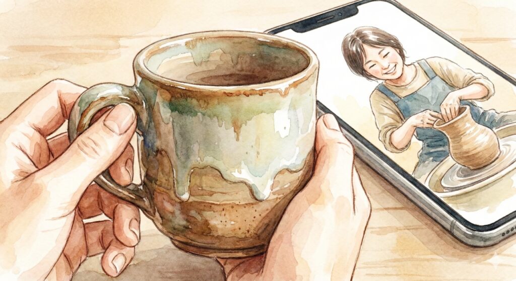水彩画で描かれた手作りの陶器のマグカップと、その制作風景が映ったスマートフォンのイラスト