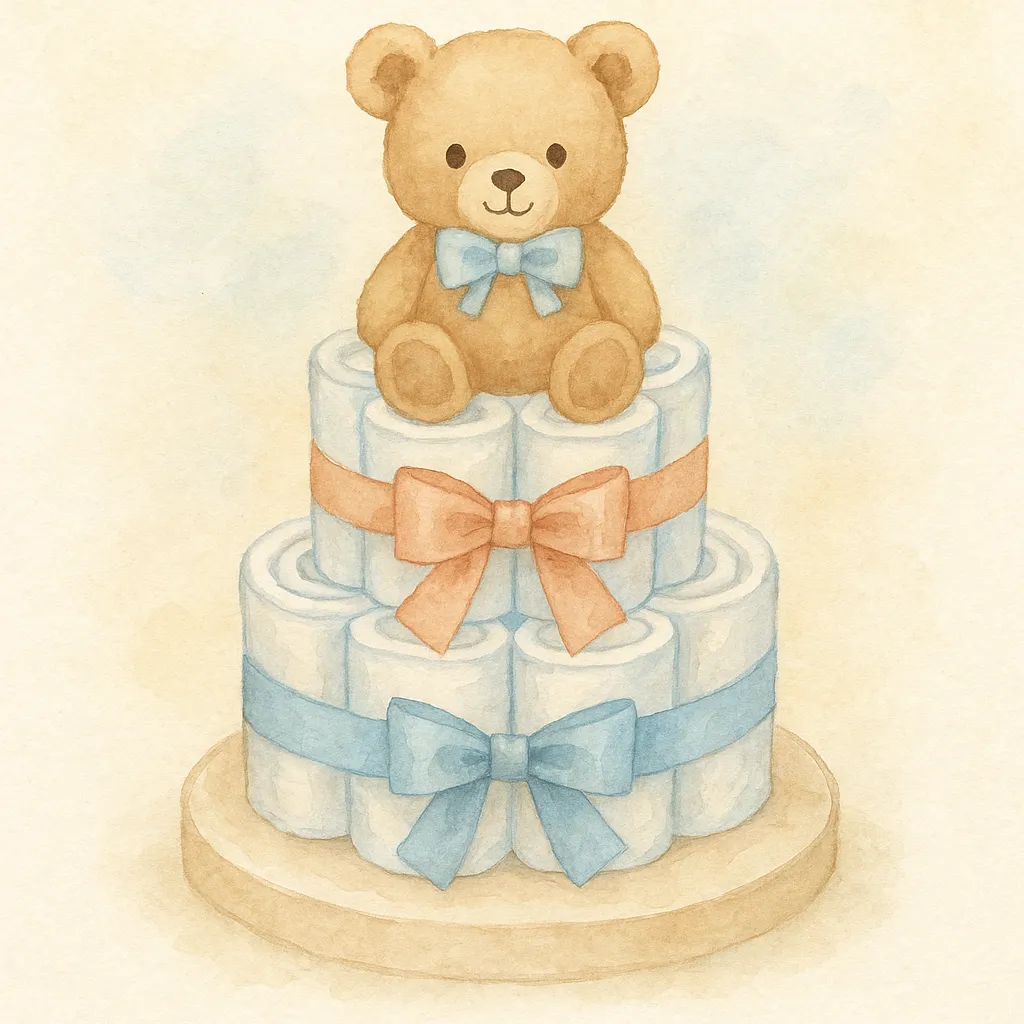 青とピンクのリボンで飾られた三段のおむつケーキとテディベアのイラスト