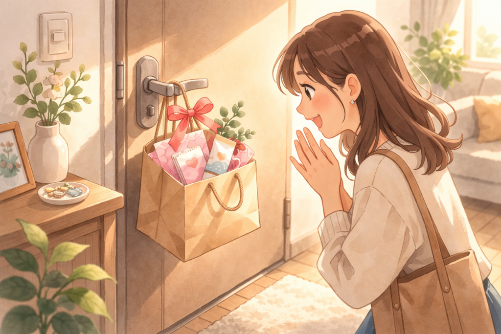 玄関のドアノブにかかったギフト袋を見て喜ぶ女性のイラスト