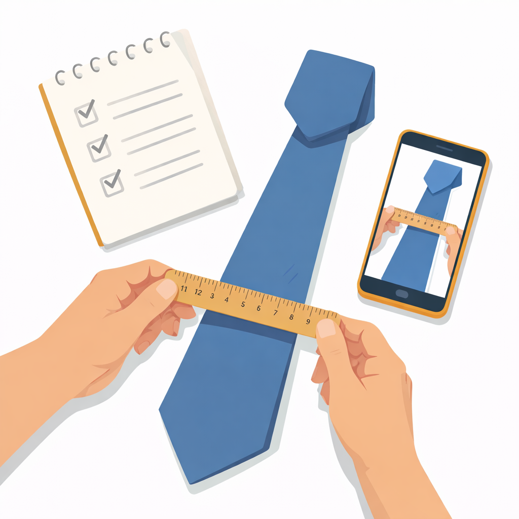 定規でネクタイの幅を測り、スマホで記録し、メモにチェックするリサーチのイメージイラスト