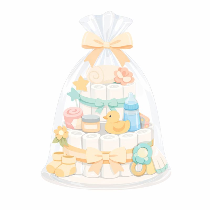 大きなリボンでラッピングしたオムツケーキ