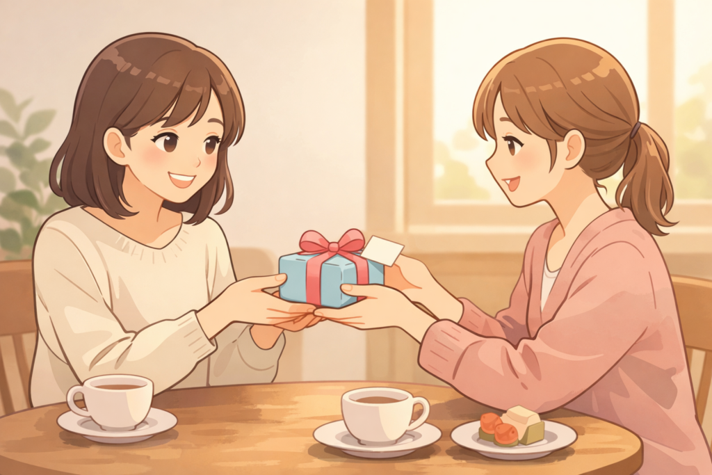カフェで友達がリボン付きの小さなプレゼントを手渡しているイラスト