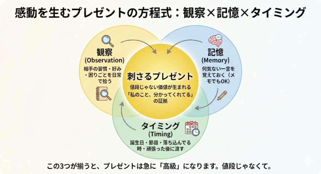 3つの円が重なるベン図。「観察(普段の好み・困りごと)」「記憶(何気ない一言)」「タイミング(誕生日・節目)」の3要素が重なる中心部分こそが、相手に「自分のことを分かってくれている」と感じさせる「刺さるプレゼント」であることを示した図解。女性向けの優しい配色。