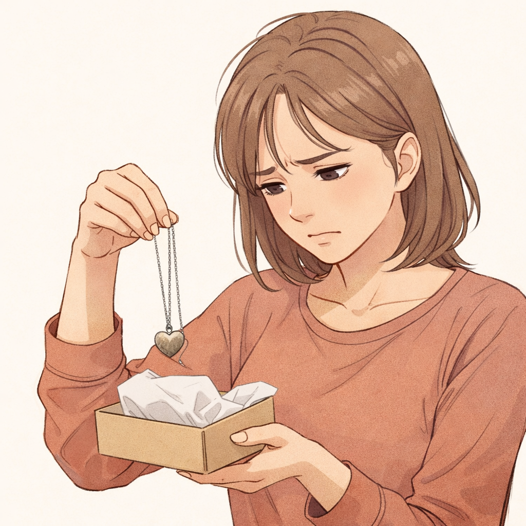 箱を開けて安っぽいネックレスを見つめ、困った表情をしている女性のイラスト