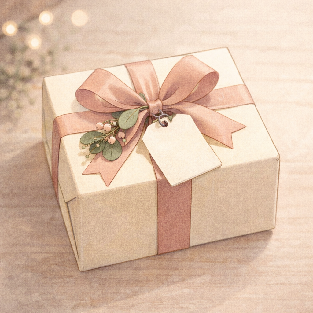 リボンとタグが付いた、丁寧に包装されたギフトボックスのイラスト