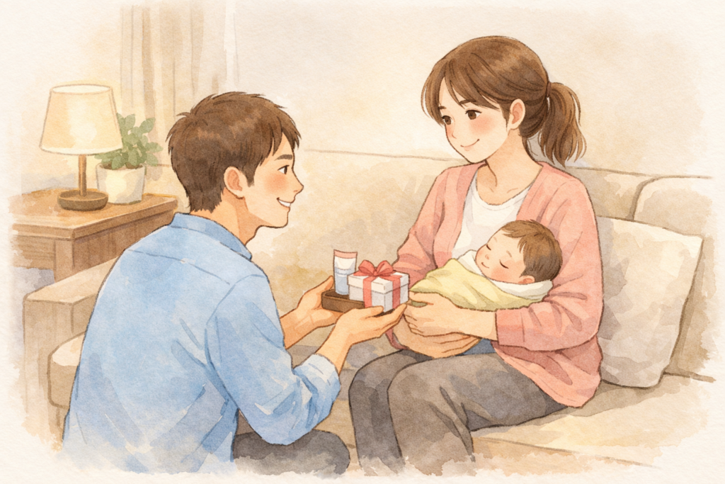 ソファで赤ちゃんを抱くママに、夫がスイーツとハンドクリームのプレゼントを渡しているイラスト