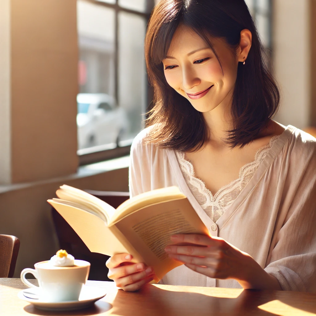 カフェで読書を楽しむ30代の日本人女性。夫からプレゼントされた「一人時間」を満喫する姿