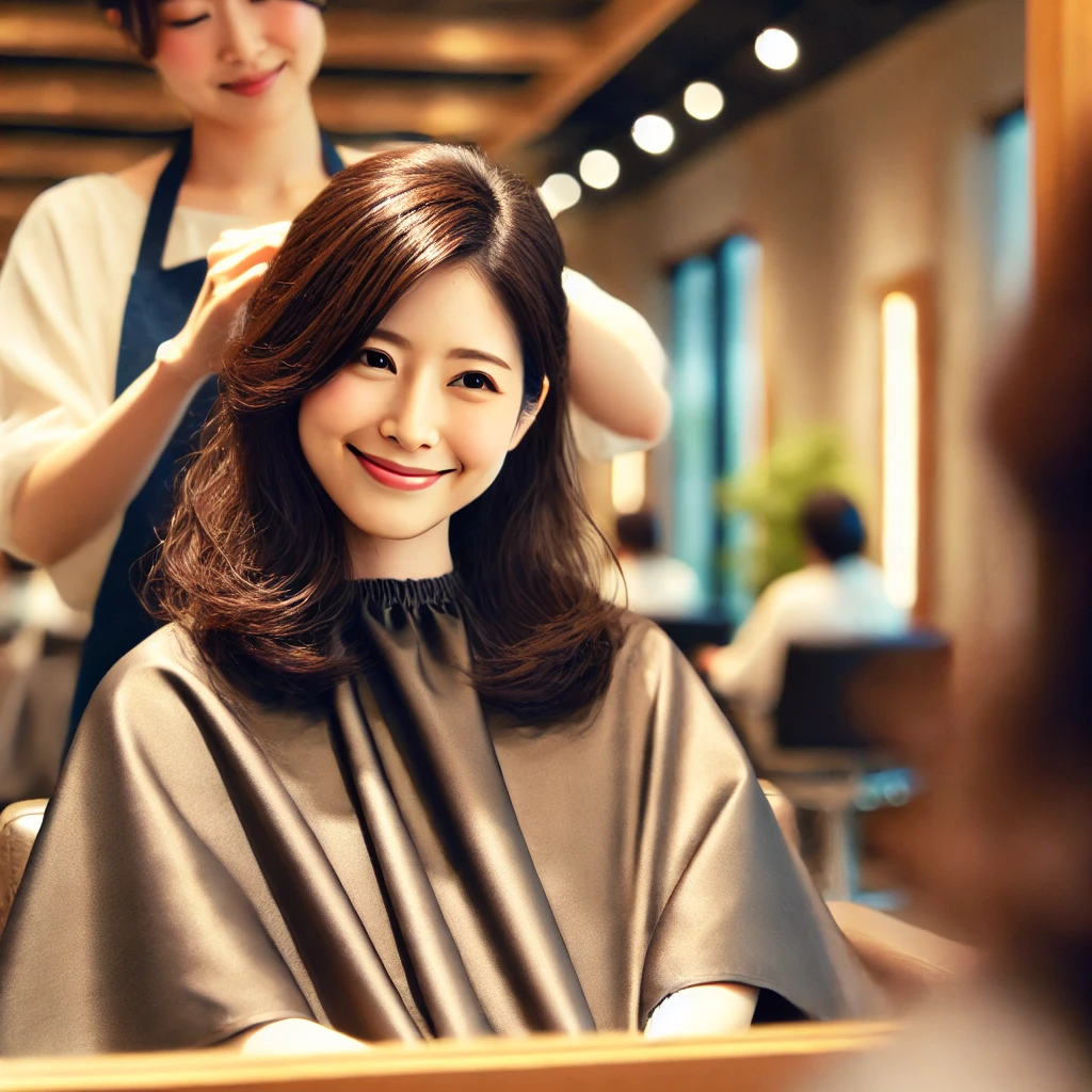 美容室の鏡の前で穏やかに笑う30代の日本人女性。誕生日に夫からプレゼントされた“ひとり時間”を楽しむ。