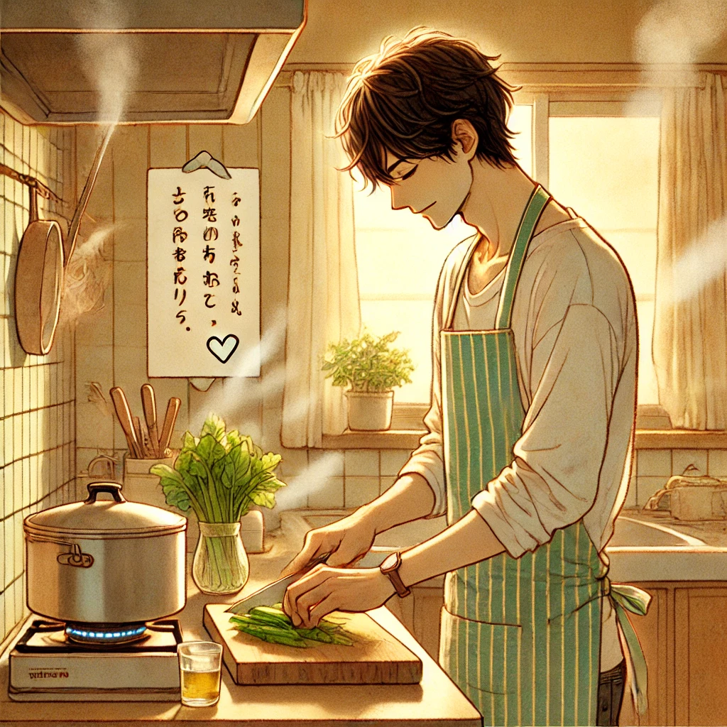 “いつもありがとう”のメモをそばに置き、野菜を切る日本人男性のイラスト。