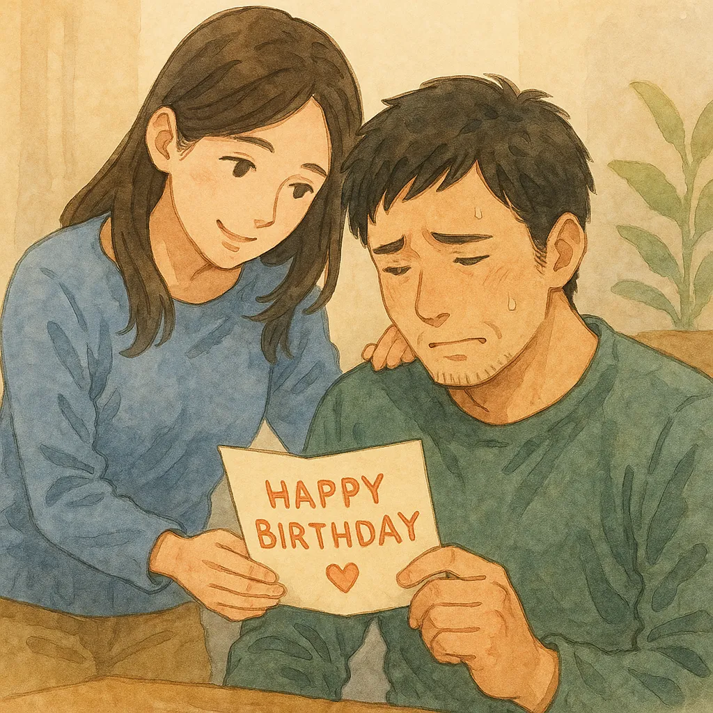 女性が「HAPPY BIRTHDAY」と書かれたカードを手渡し、男性が感極まった表情で読みながら肩に手を置かれているシーン