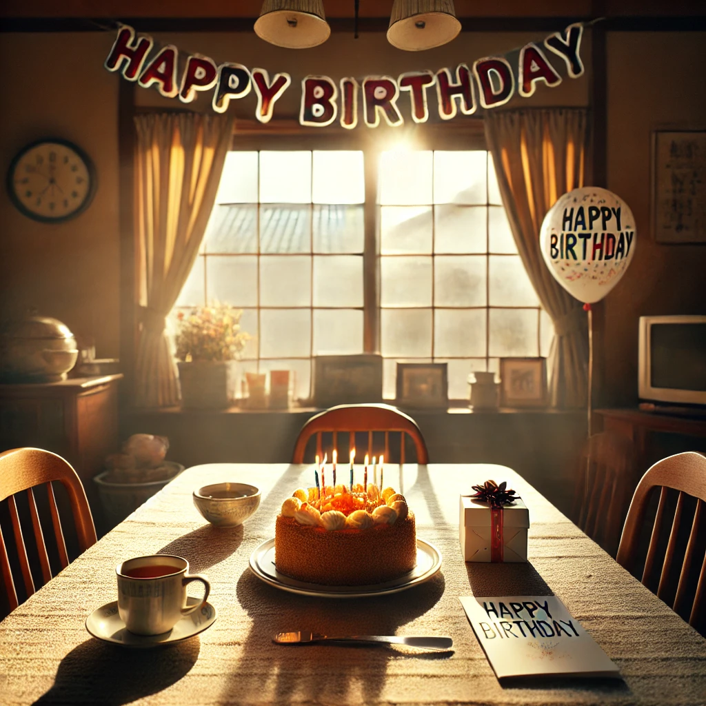 日本の家庭の朝、誰もいないダイニングに並ぶケーキ、紅茶、手紙。差し込む日差しと「Happy Birthday」のガーランドが静かな祝福を伝えている