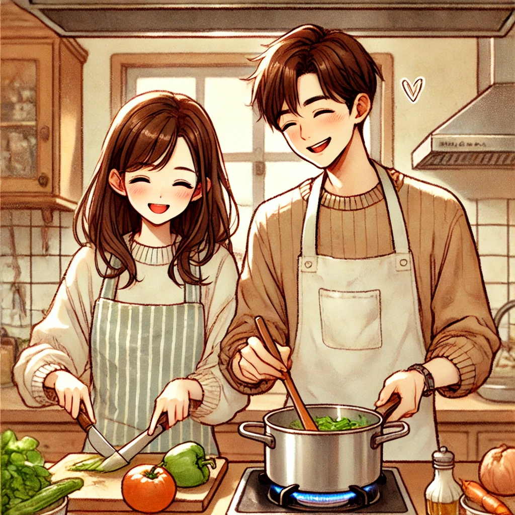 日本人カップルがエプロンを着て一緒に料理をする、やさしい雰囲気のイラスト。男性は鍋をかき混ぜ、女性は野菜を切っていて、楽しそうな笑顔を交わしている。