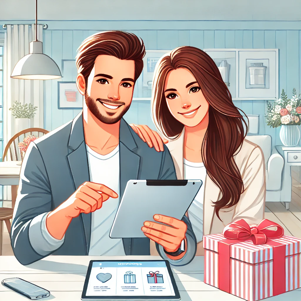 タブレットを使ってギフトレジストリからプレゼントを選ぶアメリカ人カップルのイラスト。