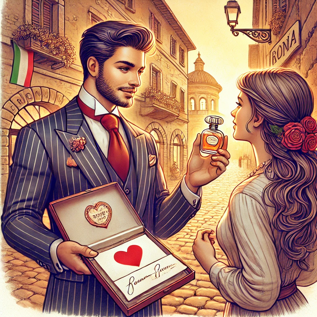 夕暮れの石畳の街で、ロマンチックなイタリア人男性が香水と手書きの詩を女性に贈るイラスト。