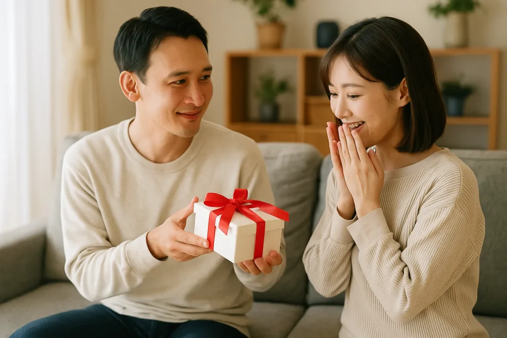 ソファに座る日本人夫婦が、赤いリボンのついたギフトボックスを手渡して、笑顔で喜んでいる様子