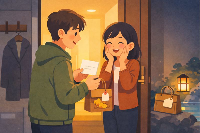 玄関先で手紙と小さなギフトを手渡す男性と、驚いて喜ぶ女性のイラスト