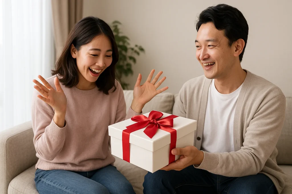 ファに座る日本人夫婦が、大きな赤いリボンのついたギフトボックスを嬉しそうに見つめ合う様子