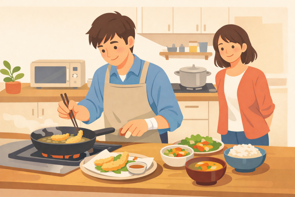 誕生日のためにエプロン姿で料理をする男性を、パートナーが微笑んで見守るイラスト