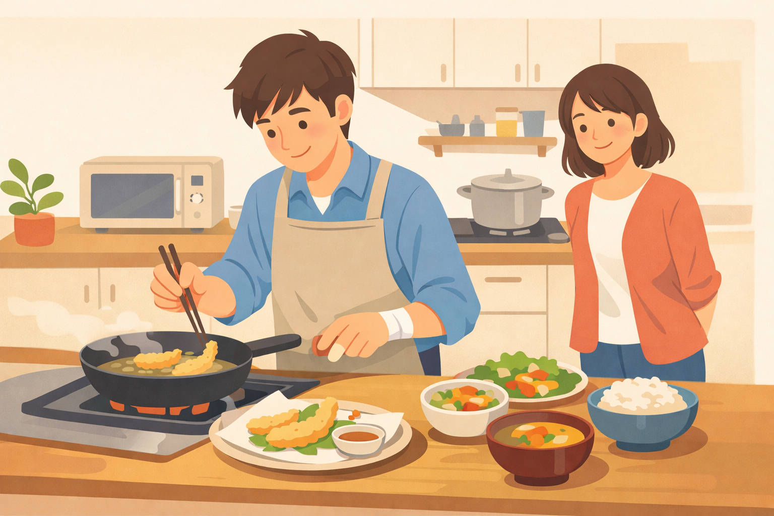 誕生日のためにエプロン姿で料理をする男性を、パートナーが微笑んで見守るイラスト