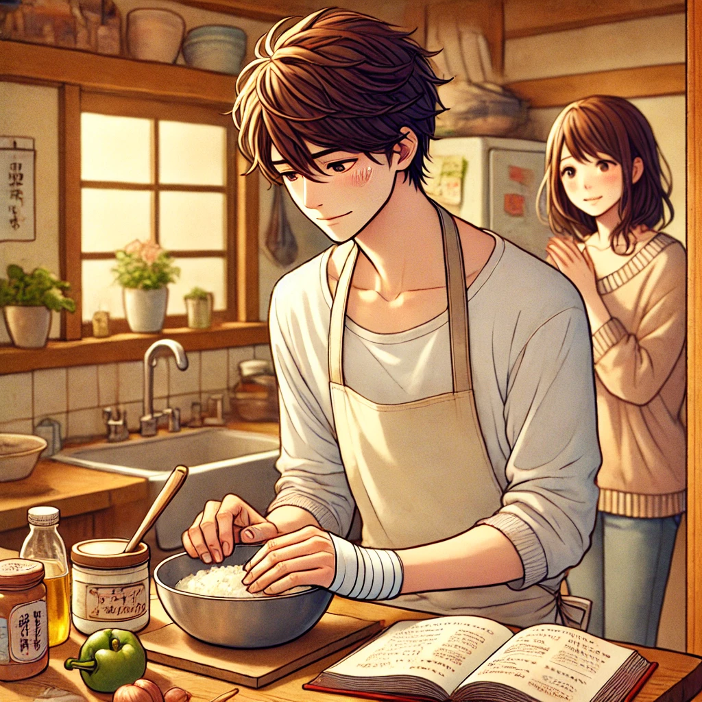 誕生日のサプライズ料理を作る日本人男性と、それを見守る女性の心温まるキッチンシーン