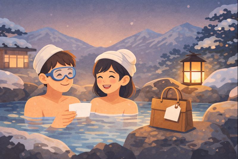 雪景色の露天風呂で入浴するカップルと、そばに置かれたギフトバッグのイラスト