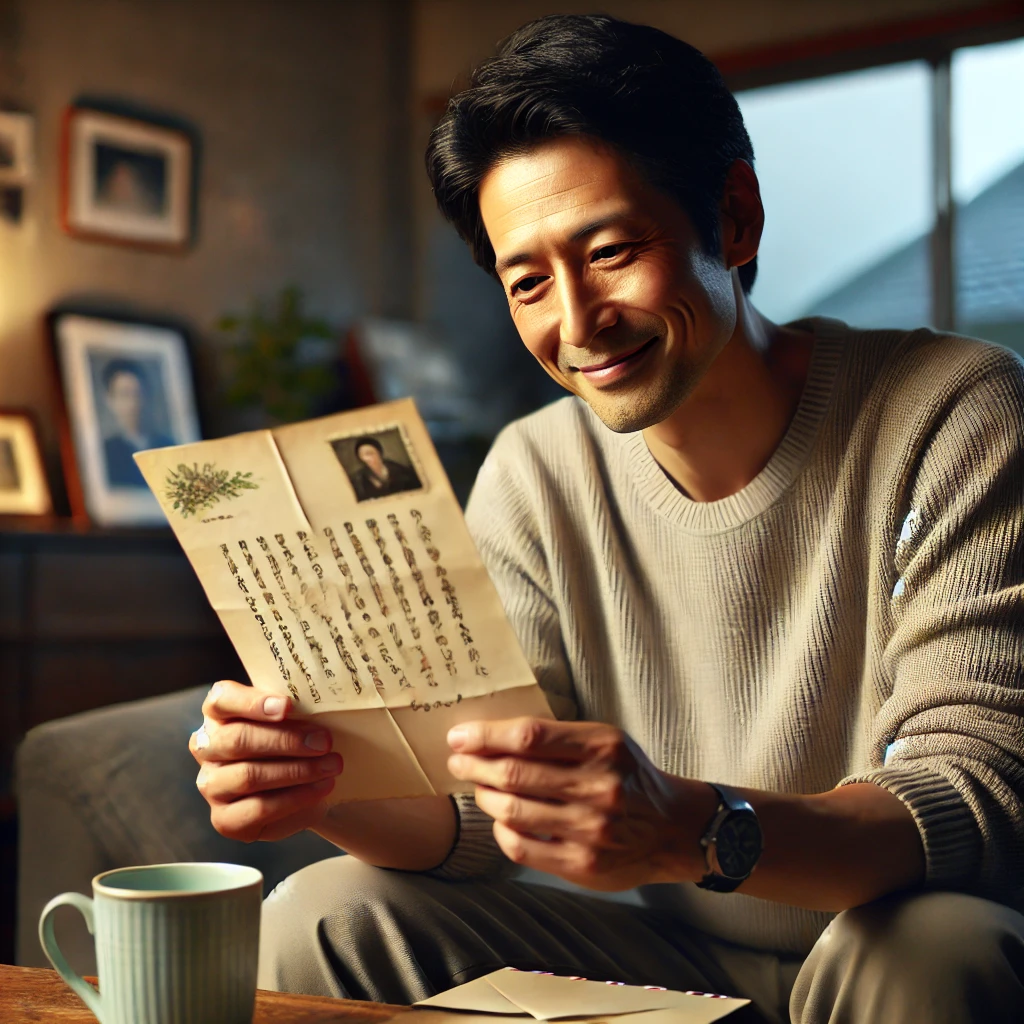 リビングで手紙を読んで感動している40代男性。目には涙が浮かんでいる