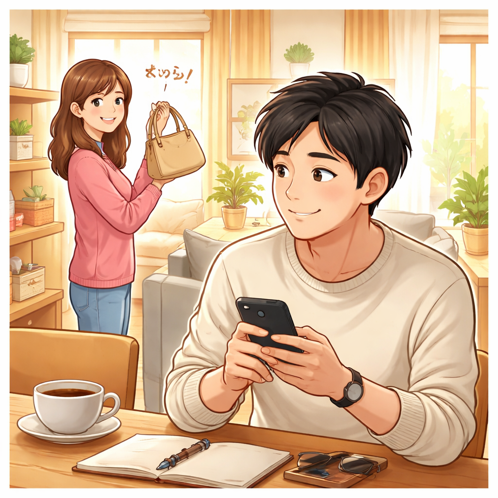 妻が気になったバッグを見せる日常の中で、夫がスマホにプレゼントのヒントをメモしている様子