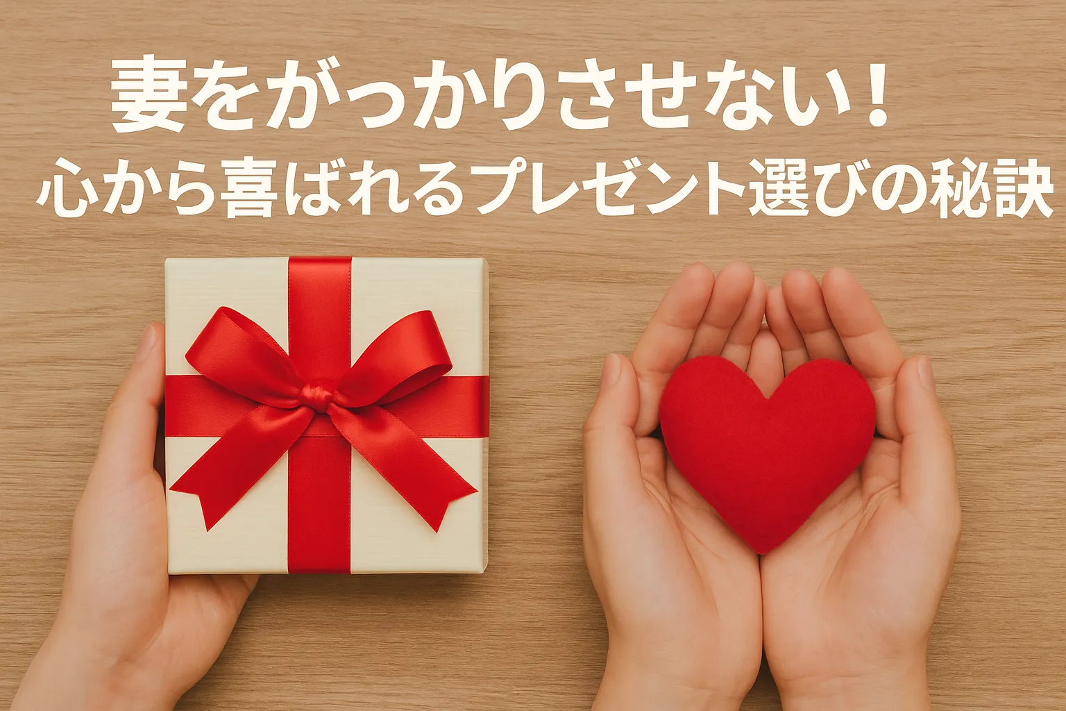 妻をがっかりさせないためのプレゼント選びをイメージした、ギフトとハートを持つ日本人の手の写真