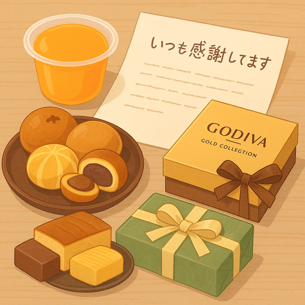 温かみのある雰囲気で、みかんゼリー、手紙、和菓子、ゴディバ、メロンバウムが並ぶ様子