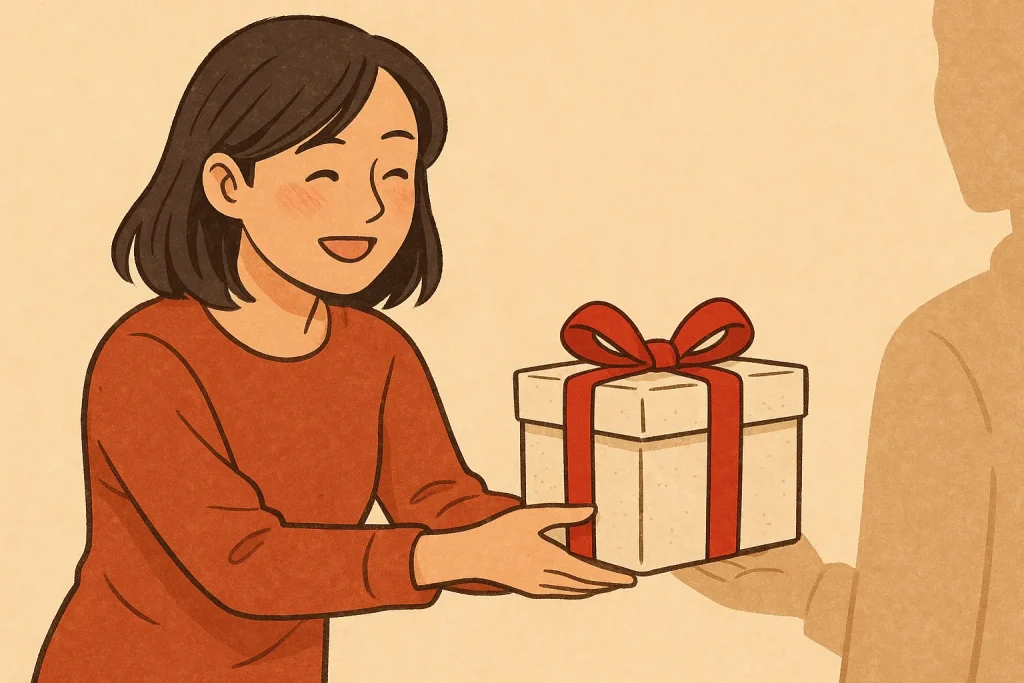 笑顔の女性が両手でプレゼントを差し出している温かいシーンのイラスト