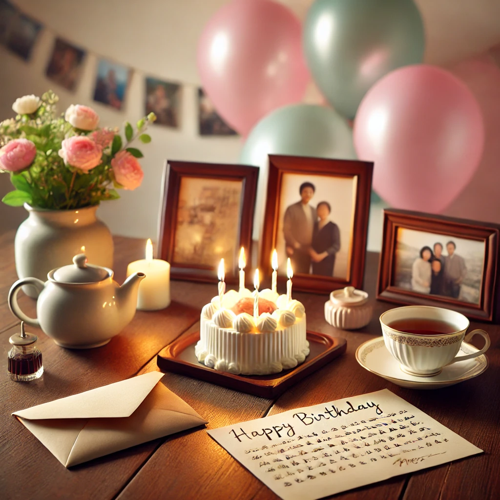 木製のテーブルの上に、手紙、キャンドル付きの誕生日ケーキ、お茶、花束が並び、奥には風船と家族写真が飾られている