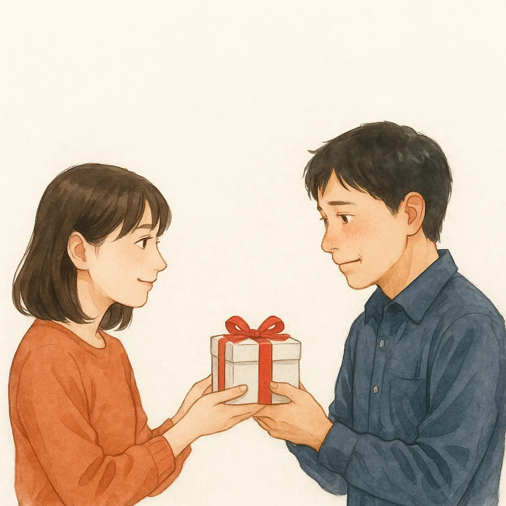 女性が赤いリボンで包まれた誕生日プレゼントを手渡し、男性が優しく微笑みながら受け取るシーン