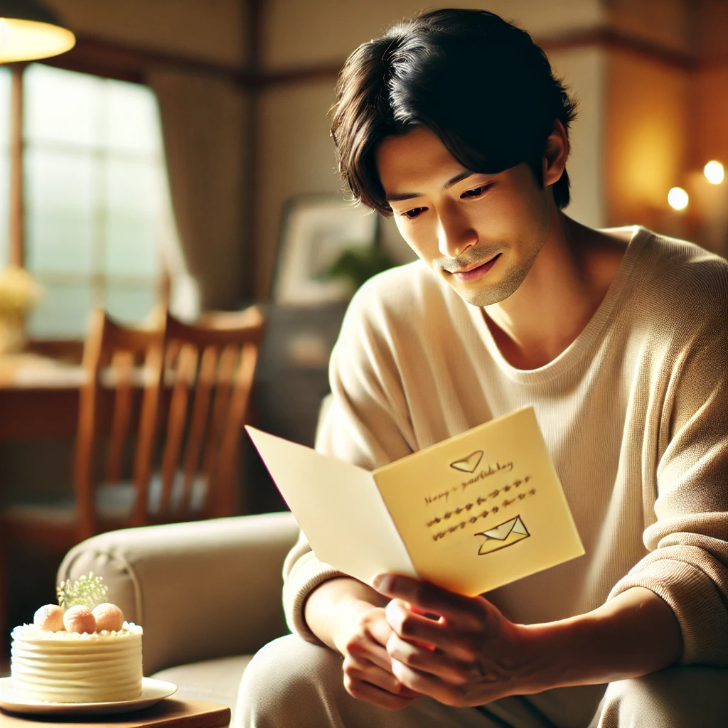 誕生日に静かにカードを読む日本人男性。やわらかな照明と落ち着いたリビングの中で、手書きのメッセージに微笑む様子が描かれている