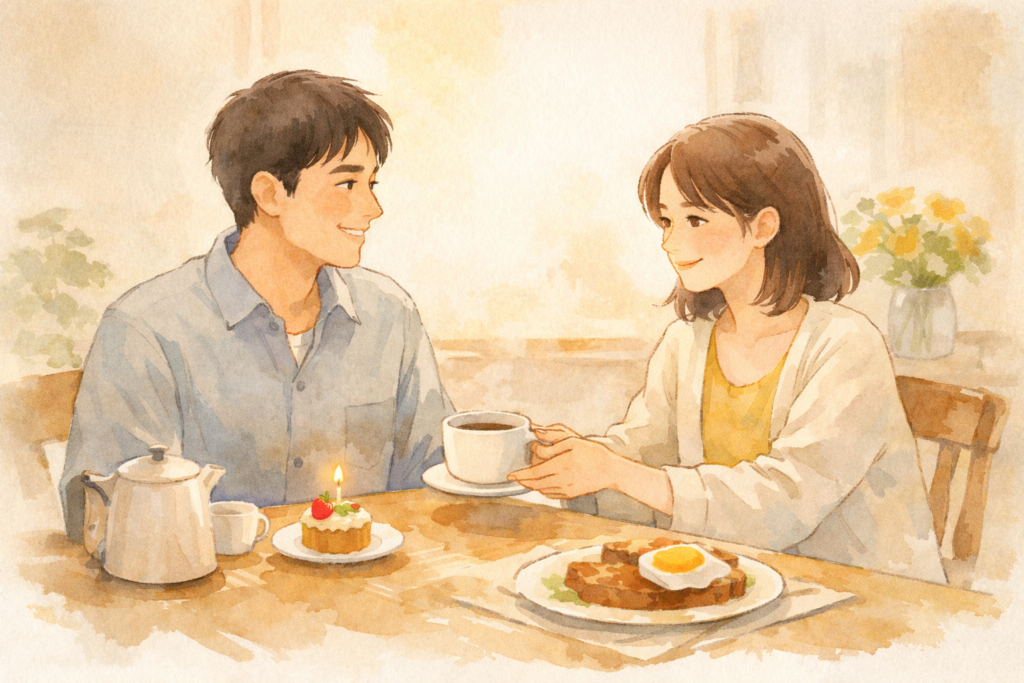 朝の食卓でコーヒーを差し出す妻と、微笑む夫。さりげない誕生日の空気が漂う場面。