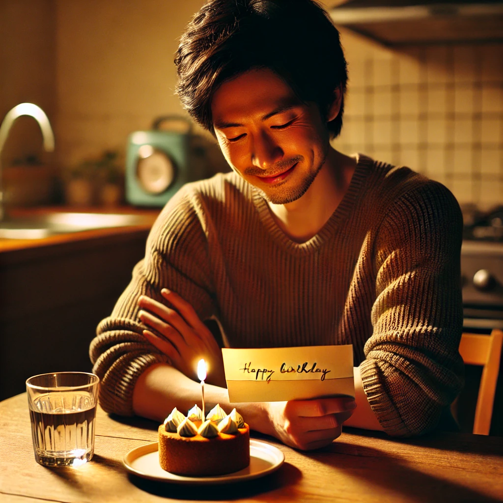キッチンテーブルに座る日本人男性が、手書きのバースデーメッセージを笑顔で見つめている。前には小さな手作りケーキとキャンドル。
