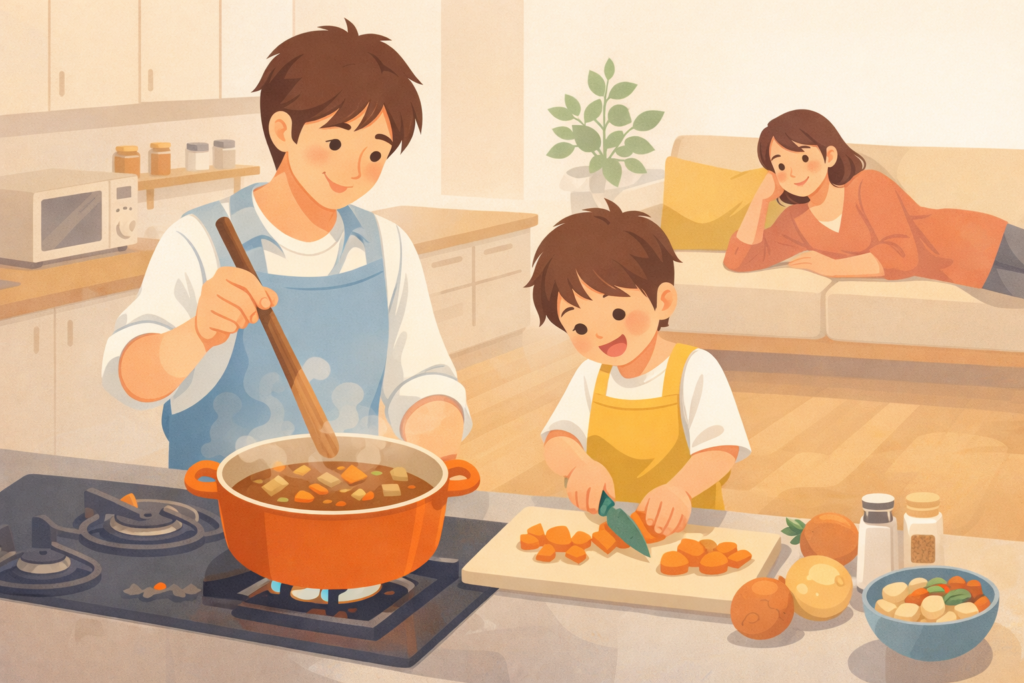 父と子どもがキッチンでカレーを作り、近くで母が見守る温かな家庭のイラスト