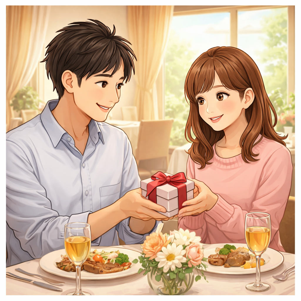 明るいレストランで、夫が妻に小さなプレゼントを手渡している記念日のランチシーン