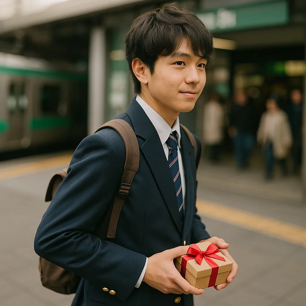 高校生の男の子が駅前でプレゼントを隠し持って待っている写真風イメージ