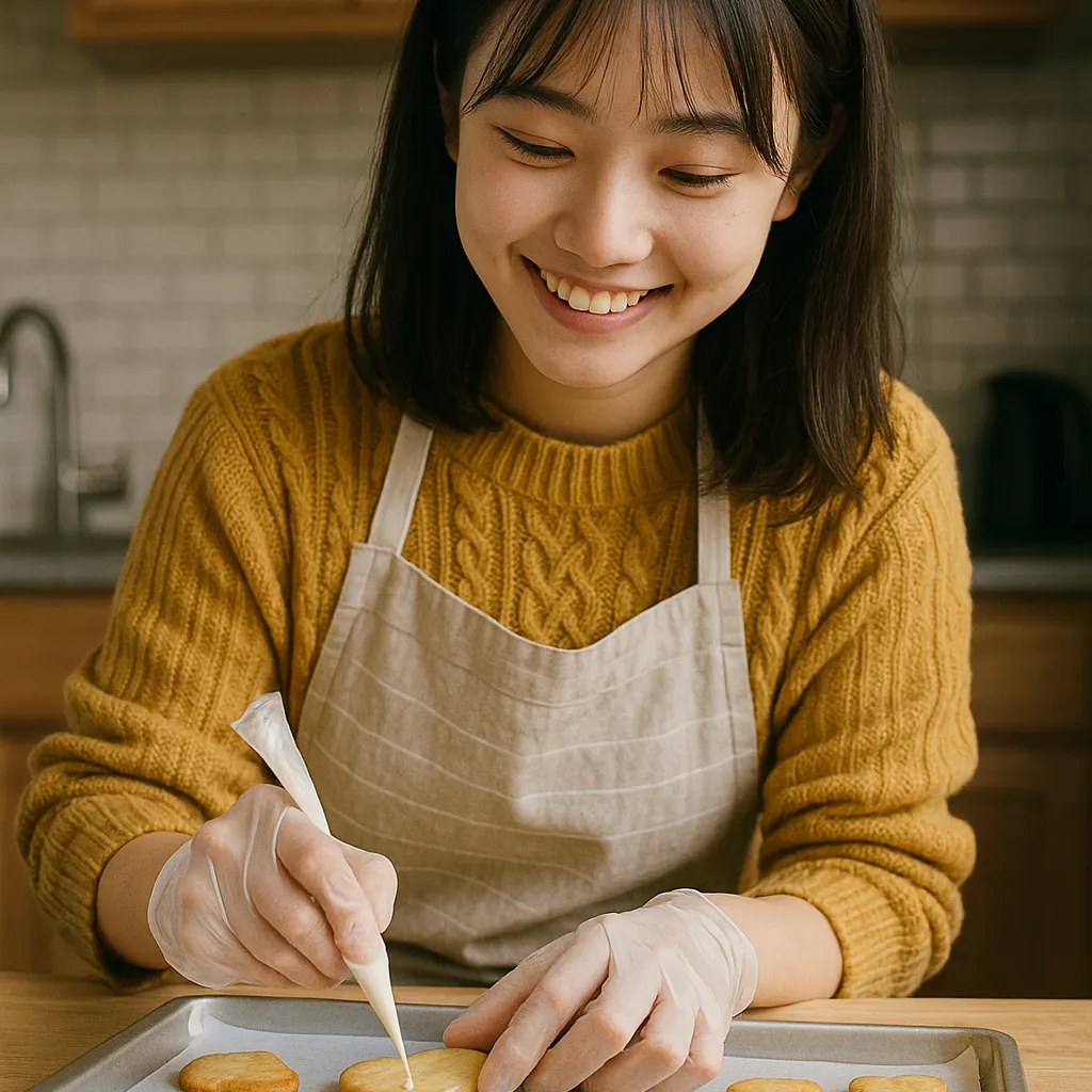 高校生の女の子がキッチンでクッキーを作っている写真風イメージ