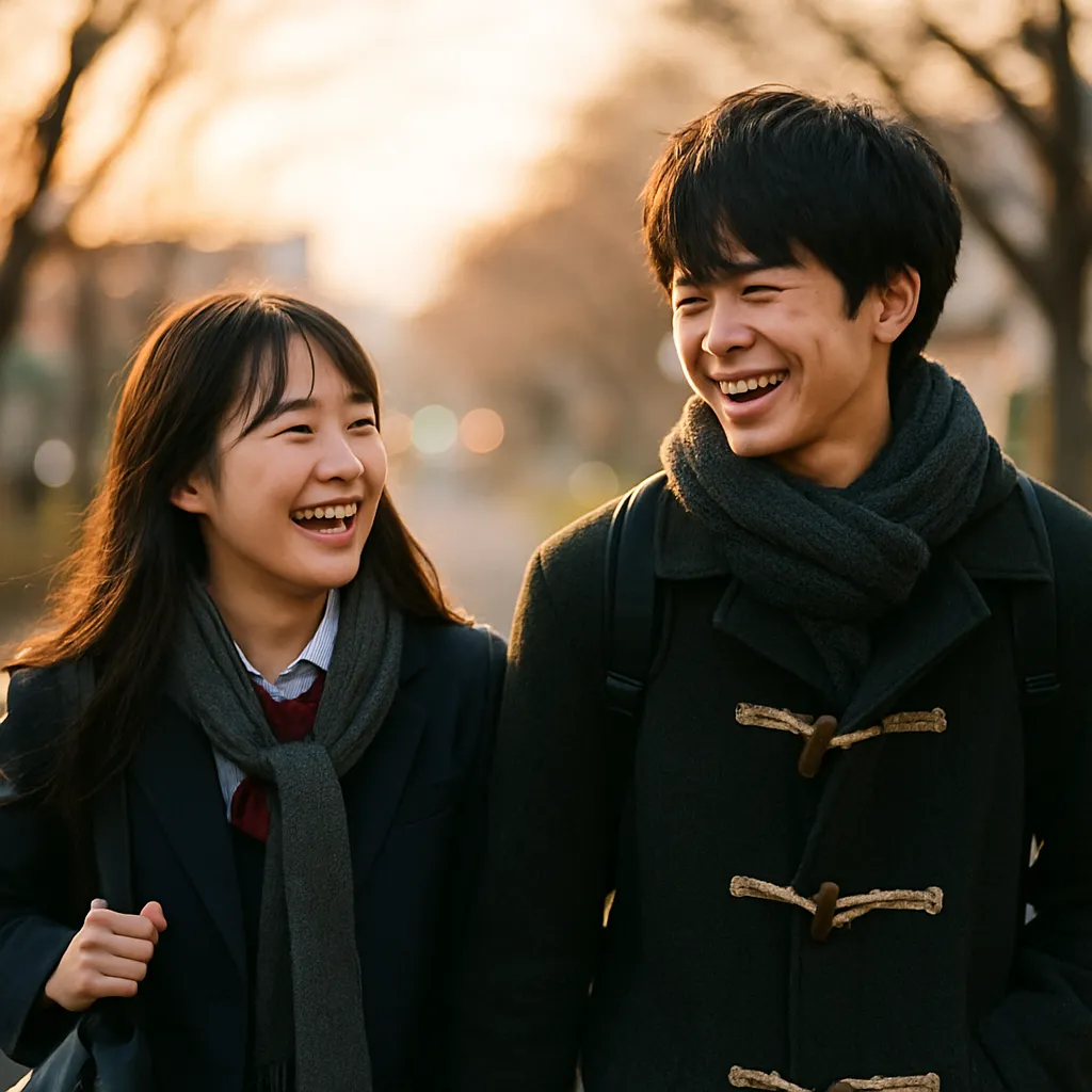 高校生の男女が夕暮れ道を歩きながら笑い合っている写真風イメージ
