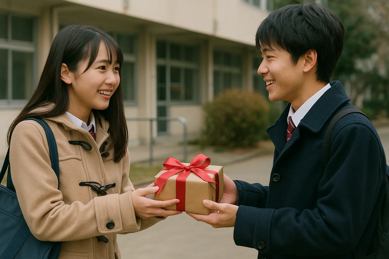 高校生の男女がプレゼントを渡し合うイメージ