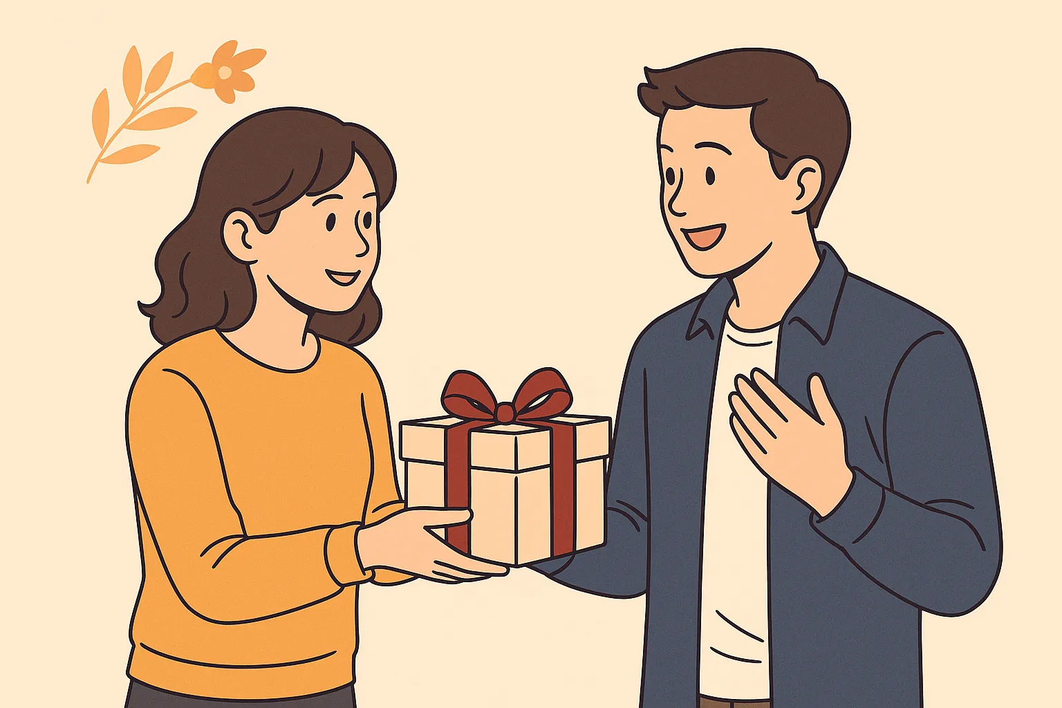 プレゼントを受け取って微笑む若い男性と、それを見守る女性の温かいイラスト。感謝と気遣いの場面をやさしく表現。