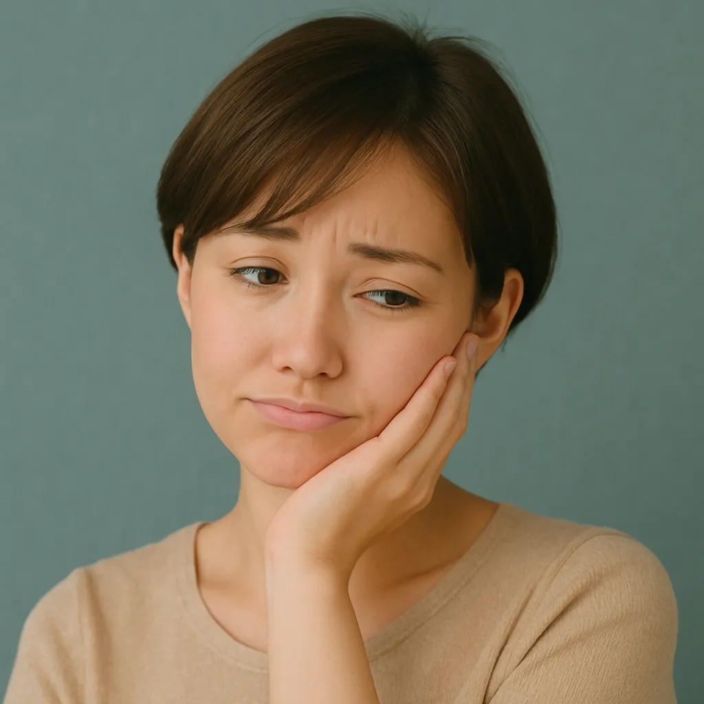 ショートカットの若い日本人女性が、頬に手を当ててがっかりした表情を浮かべている様子。背景はくすんだブルーの壁。シンプルなベージュの服を着ている。