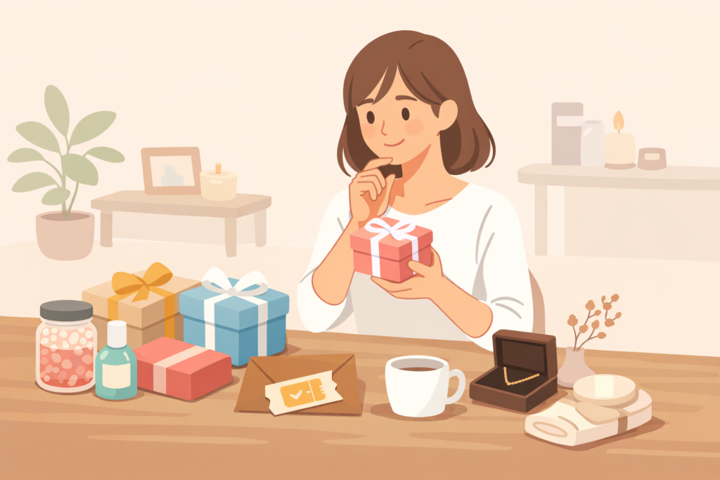 ギフトボックスやバスソルト、アクセサリーが並ぶテーブルでプレゼントを選ぶ女性のイラスト