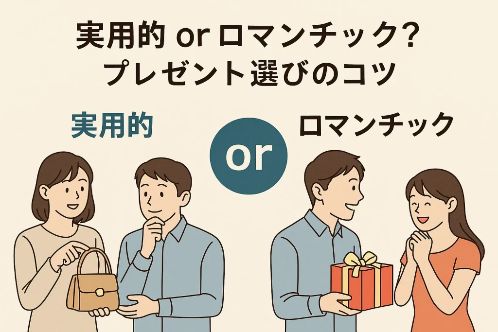 プレゼント選びで悩む日本人カップルが「実用的」と「ロマンチック」のギフトスタイルを対比しているイラスト。
